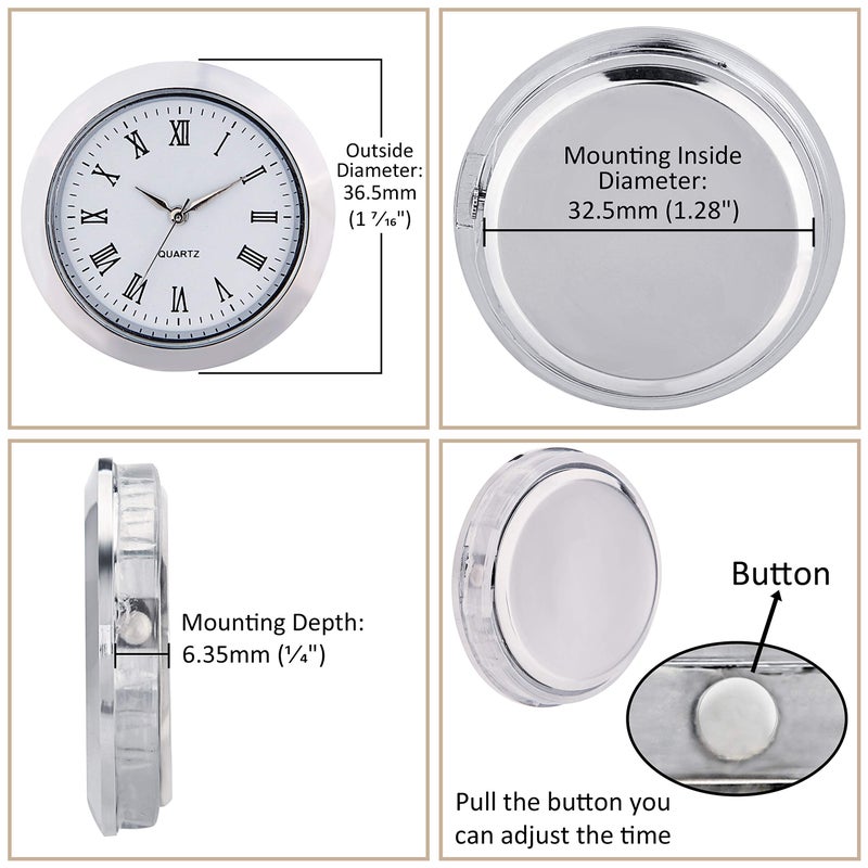ShoppeWatch Mini Clock Insert 1 7/16" (35mm) Quartz Movement | Miniature Clock Face Insert | Small Round Fit Up White Face Silver Tone Bezel Roman Numerals CK097SL - Image 2